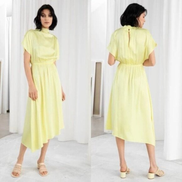 & Other Stories Dresses & Skirts - NWT & Other Stories Butter Yellow Asymmetric High Neck Satin Midi Dress Size 10